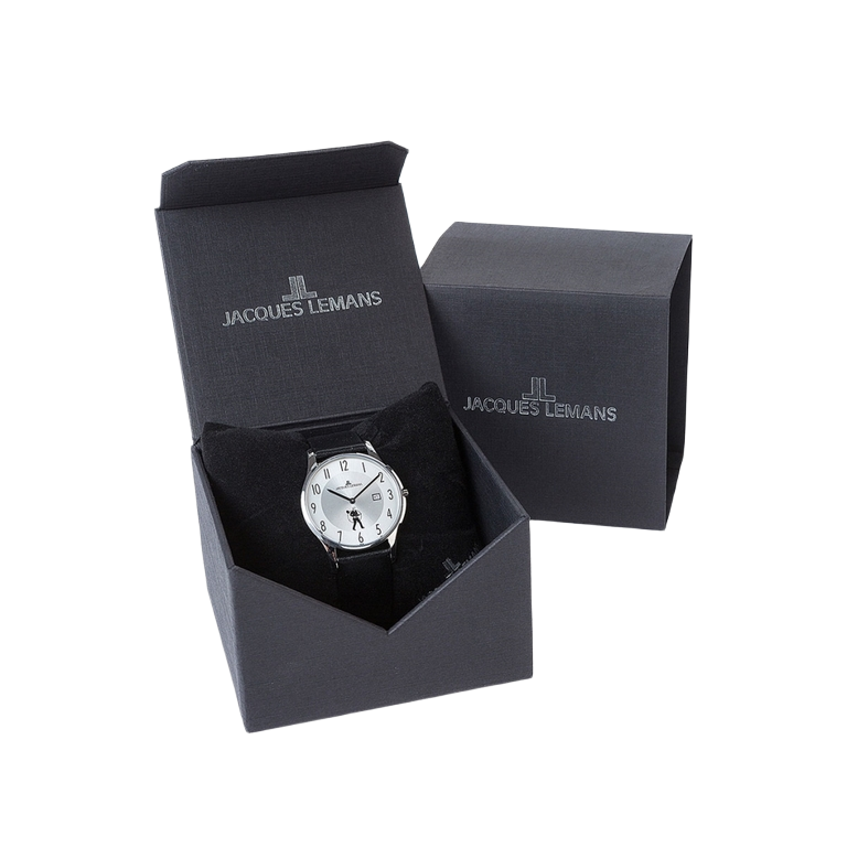 Hr. Armbanduhr Jacques Lemans, weißes Ziffernblatt, Lederband